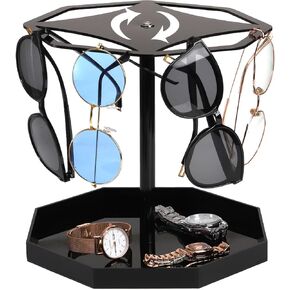 ZEAYEA Sunglasses Holder Stand, 360 Rotating Acrylic Eyeglass Display Stand, Glasses Tabletop Organizer with Tray for Desk Dresser Storage and Home Decor, Black