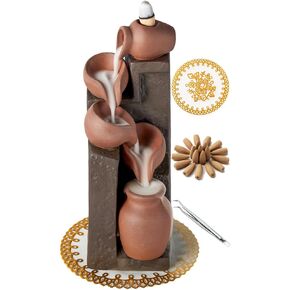 Unique Cascading Basins Ceramic Waterfall Incense Holder, Paired with a Pack of Backflow Incense Cones.(Primary)