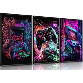 Framed Gaming Room Decor Set of 3 - Cool Gamer Canvas Wall Art Paintings Prints, Gaming Wall Decor Artwork for Kids Game Room Boys Bedroom Teen Room Decor 12x16 Inches