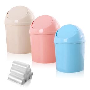 3Pcs Small Trash can with Swing Lid, Mini Desktop Garbage Cans, Plastic Trash Bin with 180 Trash Bags, Decorative Tiny Wastebasket for Bedroom, Office, Kitchen, Bathroom (3 Colors)