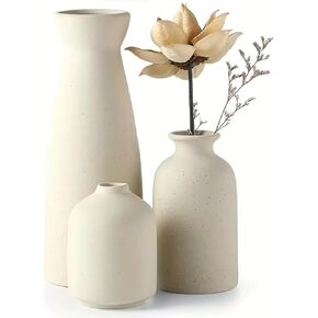 Ceramic Flower Vase Set of 3 for Home Decor, Stain Resistant, Living Room, Dining Room, Bedroom, Kitchen, Bathroom (Beige)