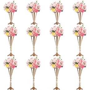 12 Pcs Flower Trumpet Vases Table Decorative Centerpiece Gold Tall Flower Vases, Metal Wedding Vase Arrangement Flower Stand for Wedding Decoration Birthday, Ceremony Party, 3 Sizes