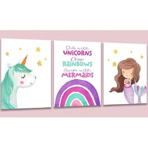 3 PCS Rainbow Unicorn Girl Wall Art Nursery Decor Girls Room Decor Wall Decor, Unframed, Funny Unicorn Bedroom Decor for Girls Painting Artwork for Girls Room Bedroom Home Bathroom, 8x10 inch