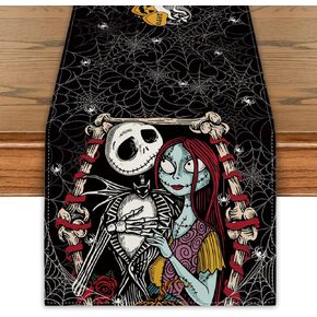 Halloween Table Runner Christmas Nightmare Before Table Cover Jack Sally Gothic Decor Day of The Dead Halloween Decorations for Home Party