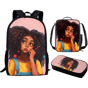 African Backpack and Lunch Bag Set for Girls 6-8/8-10 Afro Black Bookbag Lunch Bag Magic Kids School Bag Pencil Pen Box