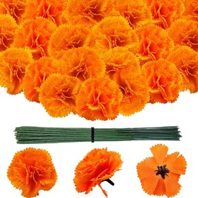 100 Pcs Marigold Flowers Heads with Floral Stems, Silk Orange Artificial Flowers for Diwali Day of The Dead DIY Marigold Garland Wreath Decor (100)