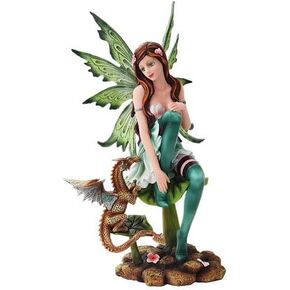 PTC 10 Inch Green Winged Fairy Sitting with Baby Dragon Statue Figurine