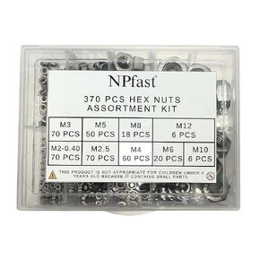 370 pcs Metric Hex Nuts Assortment Kit Stainless Steel, M2 M2.5 M3 M4 M5 M6 M8 M10 M12 Sizes, Hardware Nut Set, 304 Stainless Assorted Hex Nuts Set for Screw Bolt