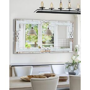 Crushed Diamond Wall Mirror: 48 x 24 inch Rectangular Glass Silver Vanity with Decorative Glam Bling Crystal Frame Edge, Funcky Home Art Decor for Livingroom Dining Room Bathroom