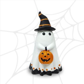 Halloween Decorations Ghost Statues, Ceramic Ghost Decor, Ghost Figurine, Halloween Ghost Wearing Hats and Holding Pumpkin Statue, Halloween Spooky Ghost Sculpture Ornaments