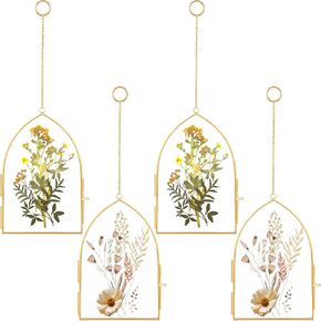 Qunclay 4 Pcs Double Glass Flower Frames Taper Brass Floating Picture Frame Clear Floating Flower Wall Frame Hanging Display Picture Frames with Locket Closure Chain for Artwork (Black,4 x 6 Inch)