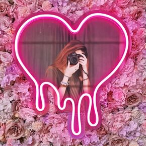 Heart Neon Sign for Wall Decor, Adjustable Brightness Heart Neon Mirror with Light, USB Powered 17" X 15" LED Heart Neon Light for Teen's Bedroom, Birthday, Girl's Gift