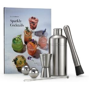مجموعة نادل SodaStream Mixology، مجموعة Home Bar المكونة من 6 قطع، تتضمن كتاب الكوكتيل، وشاكر الكوكتيل، وجيجر جرعات SodaStream مزدوج الجوانب، ومحرك الكوكتيل، و2 كرة ثلج من الفولاذ المقاوم للصدأ، وخلاط