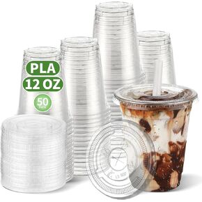 20 OZ Compostable Clear Plastic Cups Disposable Iced Coffee Cups with Flat Lids, Biodegradable Cold Drinking Cups To Go Coffee Cups for Party, Smoothie, Boba Tea, Slushy, Milkshake 50 Sets