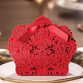 Krismile 50Pcs Wedding Decorations Red and Champagne Color Lace Hollow Candy Box Gift Box For Wedding Favors B002C (Red)