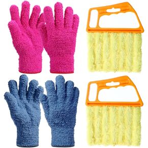 4 Pieces Window Venetian Blind Cleaner Dusting Tool, 2 Mini Blind Duster Brush 7 Finger Dusting Cleaner Tool 2 Pairs Microfiber Gloves for Shutter Air Conditioner Clean(Yellow, Teal, Pink)