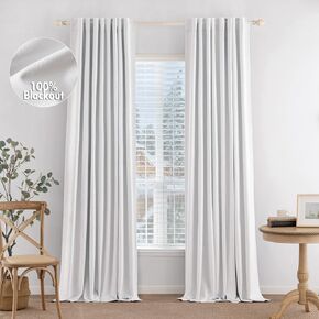 MIULEE 100% Blackout Curtains 96 inches Long Linen Curtains & Drapes for Bedroom Back Tab Living Room Darkening Full Black Out Window Curtain Panels Rod Pocket, White, 2 Panels Set