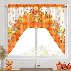 Thanksgiving Tier Curtains for Kitchen Fall Sunflower Kitchen Curtains, Buffalo Plaid Rod Pocket Half Window Treatment Tier Curtains for Bathroom Cafe, 30" W x 36" L, 2 Panels Thanksgiving Decor