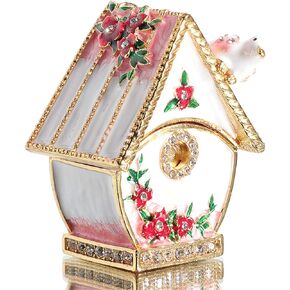 Waltz&F Bird House Metal Trinket Box Jeweled Hand-Painted Ring Holder Animal Collectible Figurine Decoration