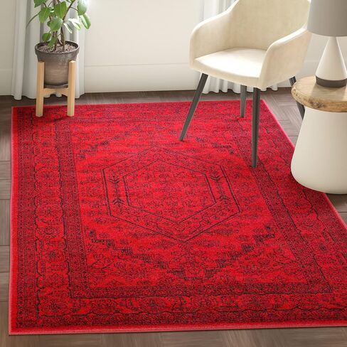 سجادة منطقة مجموعة SAFAVIEH Adirondack - مربعة 4 بوصات، أحمر وأسود، تصميم ميدالية شرقية، لا تتساقط وسهلة العناية، مثالية للمناطق ذات الحركة العالية في غرفة المعيشة وغرفة النوم (ADR108F) in Saudi Arabia