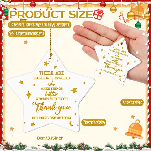 Suzile 12 Pcs Thank You Gifts Christmas Ornaments Star Shaped Team Gifts for Employees Volunteer Appreciation Gifts Hanging Ceramic Ornament for Women Men Coworker Graduation Friend (Thank You) in Saudi Arabia