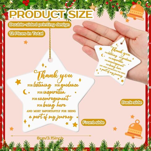 Suzile 12 Pcs Thank You Gifts Christmas Ornaments Star Shaped Team Gifts for Employees Volunteer Appreciation Gifts Hanging Ceramic Ornament for Women Men Coworker Graduation Friend (Thank You) in Saudi Arabia