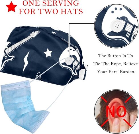 2 Pack Scrub Cap for Women and Men, Guitar Music Navy Scrub Caps, Working Hat, Head Cover with Buttons, Long or Short Hair, Medium-Large in Saudi Arabia