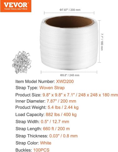 VEVOR Packaging Woven Cord Strapping Roll, 660' Length x 1/2" Width x 0.03" Thickness, 882 lbs Breaking Strength, Heavy Duty Banding Pallet Strap Coil, Portable Strong Banding Packing Straps, White in Saudi Arabia