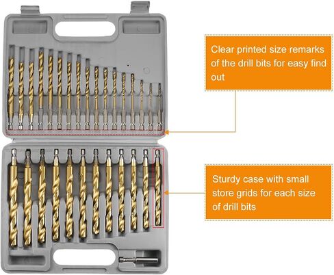 uxcell 29pcs Titanium Twist Drill Bit Set 1/16"- 1/2" Drilling Dia High Speed Steel Drills for Hardened Metal, Stainless Steel, Cast Iron, Wood, Plastic with Case in Saudi Arabia