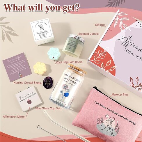 8 قطع من هدايا الصحة العقلية للنساء، صندوق هدايا يومي للتأكيد يتضمن كوبًا زجاجيًا للتشجيع، بطاقة تأكيد إيجابية، شمعة عطرية كريستالية للشفاء من أجل اليقظة والتأمل والرصانة in Kuwait