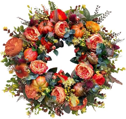 13.16 بوصة إكليل الخريف من أوراق القيقب الاصطناعي إكليل مع عنب الثعلب اليقطين لمهرجان عيد الشكر الخريف ساحة الباب الأمامي الداخلي نافذة المنزل ديكور المزرعة in Kuwait