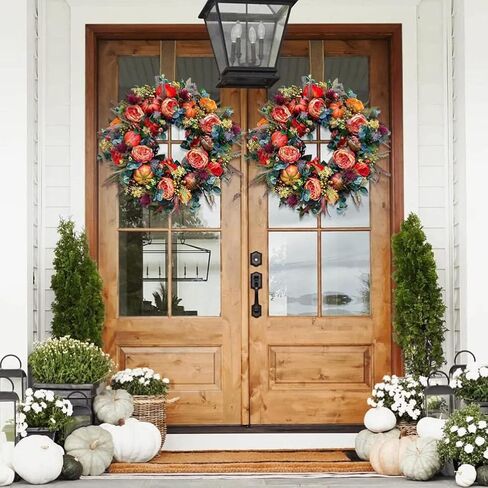 13.16 بوصة إكليل الخريف من أوراق القيقب الاصطناعي إكليل مع عنب الثعلب اليقطين لمهرجان عيد الشكر الخريف ساحة الباب الأمامي الداخلي نافذة المنزل ديكور المزرعة in Kuwait