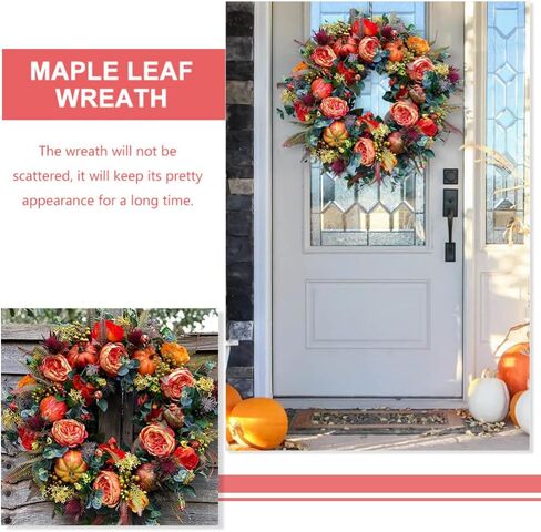 13.16 بوصة إكليل الخريف من أوراق القيقب الاصطناعي إكليل مع عنب الثعلب اليقطين لمهرجان عيد الشكر الخريف ساحة الباب الأمامي الداخلي نافذة المنزل ديكور المزرعة in Kuwait