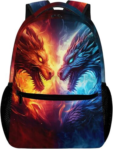 التنين حقيبة الظهر الأزرق الأحمر النار التنين على ظهره للمراهقين أطفال بنين بنات، التنين المدرسة حقيبة كمبيوتر محمول، الوحش الحيوان مقاومة للماء السفر Daypack الكمبيوتر لطلاب المرحلة الابتدائية المتوسطة in Kuwait