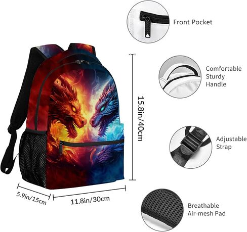 التنين حقيبة الظهر الأزرق الأحمر النار التنين على ظهره للمراهقين أطفال بنين بنات، التنين المدرسة حقيبة كمبيوتر محمول، الوحش الحيوان مقاومة للماء السفر Daypack الكمبيوتر لطلاب المرحلة الابتدائية المتوسطة in Kuwait