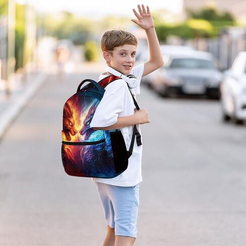 التنين حقيبة الظهر الأزرق الأحمر النار التنين على ظهره للمراهقين أطفال بنين بنات، التنين المدرسة حقيبة كمبيوتر محمول، الوحش الحيوان مقاومة للماء السفر Daypack الكمبيوتر لطلاب المرحلة الابتدائية المتوسطة in Kuwait