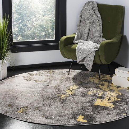 SAFAVIEH Adirondack Collection 4' Round Grey / Yellow ADR134H Modern Abstract Non-Shedding Dining Room Entryway Foyer Living Room Bedroom Area Rug in Saudi Arabia