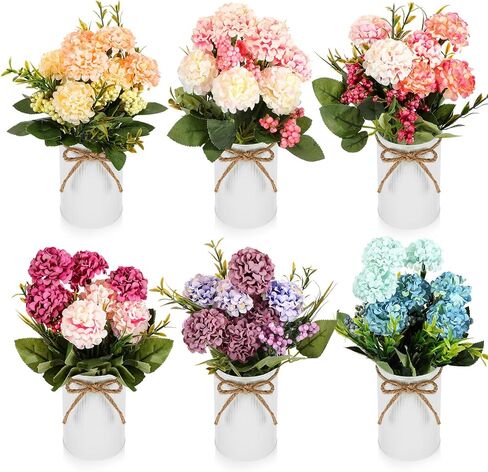 6 Sets Summer Fall Table Centerpieces Decor Artificial Hydrangeas with Vase and Hemp Rope Flowers Floral Arrangement Faux Flowers Fake Hydrangea Bouquets for Table Wedding Home Office Party in Saudi Arabia