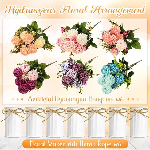 6 Sets Summer Fall Table Centerpieces Decor Artificial Hydrangeas with Vase and Hemp Rope Flowers Floral Arrangement Faux Flowers Fake Hydrangea Bouquets for Table Wedding Home Office Party in Saudi Arabia