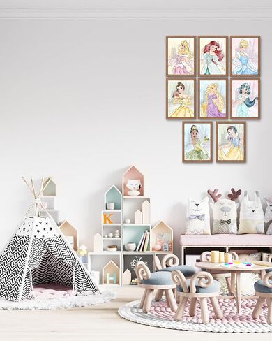 تصميم فني TFH - ملصق أميرات ديزني - ديكور غرفة للبنات - رابونزيل، ياسمين، سندريلا، أرييل، أورورا، بيل، تيانا، سنو وايت - مجموعة من 8 قطع - 8 × 10 بوصة - غير مؤطرة in Saudi Arabia