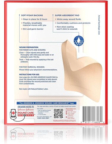 وسادة شاش لاصقة للعناية بالوسائد من ماركة Band-Aid للإسعافات الأولية، كبيرة، 4.5 بوصة × 5.5 بوصة، 4 قيراط in Kuwait