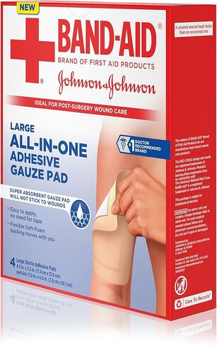 وسادة شاش لاصقة للعناية بالوسائد من ماركة Band-Aid للإسعافات الأولية، كبيرة، 4.5 بوصة × 5.5 بوصة، 4 قيراط in Kuwait