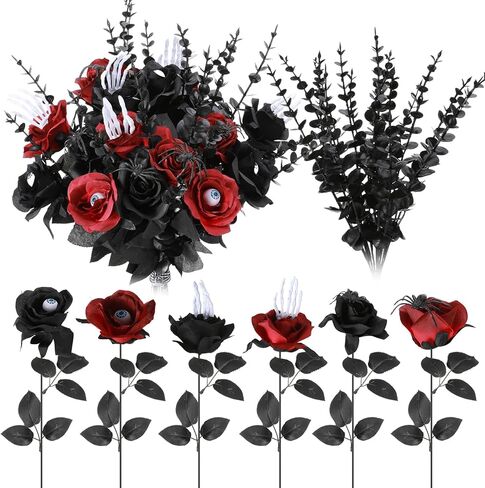36 Pcs Halloween Flowers with Eyeball and Skeleton Hand,Halloween Floral Picks Fake Bouquet Eyeball,Two Color Roses Artificial Flowers with Black Eucalyptus Stems for Gothic,Table Decorations in Kuwait