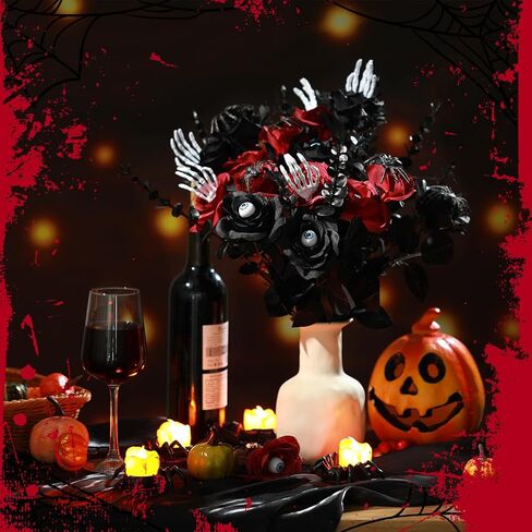 36 Pcs Halloween Flowers with Eyeball and Skeleton Hand,Halloween Floral Picks Fake Bouquet Eyeball,Two Color Roses Artificial Flowers with Black Eucalyptus Stems for Gothic,Table Decorations in Kuwait