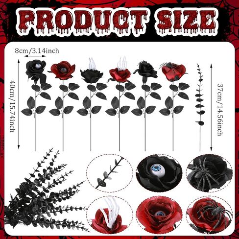 36 Pcs Halloween Flowers with Eyeball and Skeleton Hand,Halloween Floral Picks Fake Bouquet Eyeball,Two Color Roses Artificial Flowers with Black Eucalyptus Stems for Gothic,Table Decorations in Kuwait