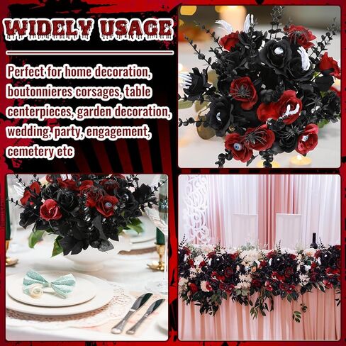 36 Pcs Halloween Flowers with Eyeball and Skeleton Hand,Halloween Floral Picks Fake Bouquet Eyeball,Two Color Roses Artificial Flowers with Black Eucalyptus Stems for Gothic,Table Decorations in Kuwait