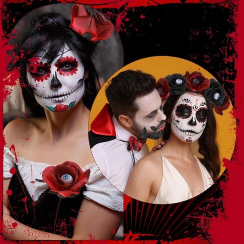 36 Pcs Halloween Flowers with Eyeball and Skeleton Hand,Halloween Floral Picks Fake Bouquet Eyeball,Two Color Roses Artificial Flowers with Black Eucalyptus Stems for Gothic,Table Decorations in Kuwait