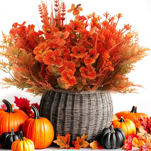 16 Bundles Artificial Fall Flowers Outdoor,No Fade Fake Plastic Flowers Mums, Faux Autumn Plants for Hanging Planters Outside Garden Porch Window Box Home Wedding Thanksgiving Decor (Orange Mixed) in Saudi Arabia