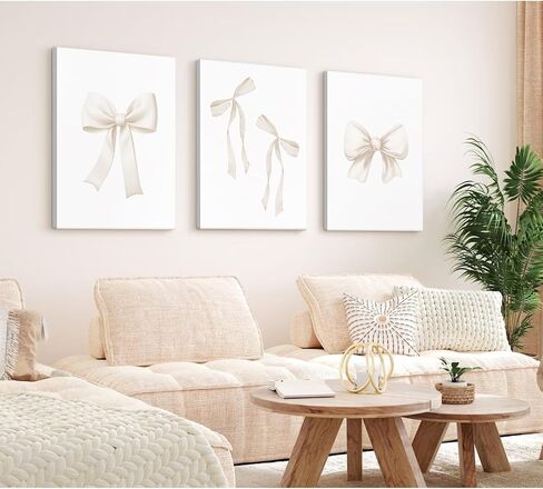 Bow Wall Art Decor Preppy Beige Bow Poster Girly Room Wall Art Prints Beige Bow Knot Wall Decor Coquette Room Picture Pastel Bow Poster for Nursery Girl Room 16x24 Inch Framed Set of 3 in Saudi Arabia