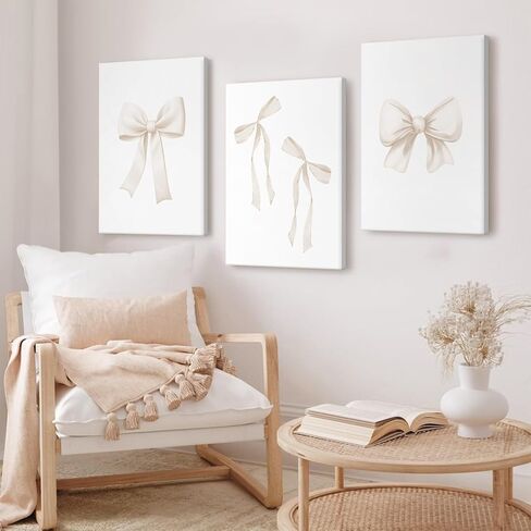 Bow Wall Art Decor Preppy Beige Bow Poster Girly Room Wall Art Prints Beige Bow Knot Wall Decor Coquette Room Picture Pastel Bow Poster for Nursery Girl Room 16x24 Inch Framed Set of 3 in Saudi Arabia